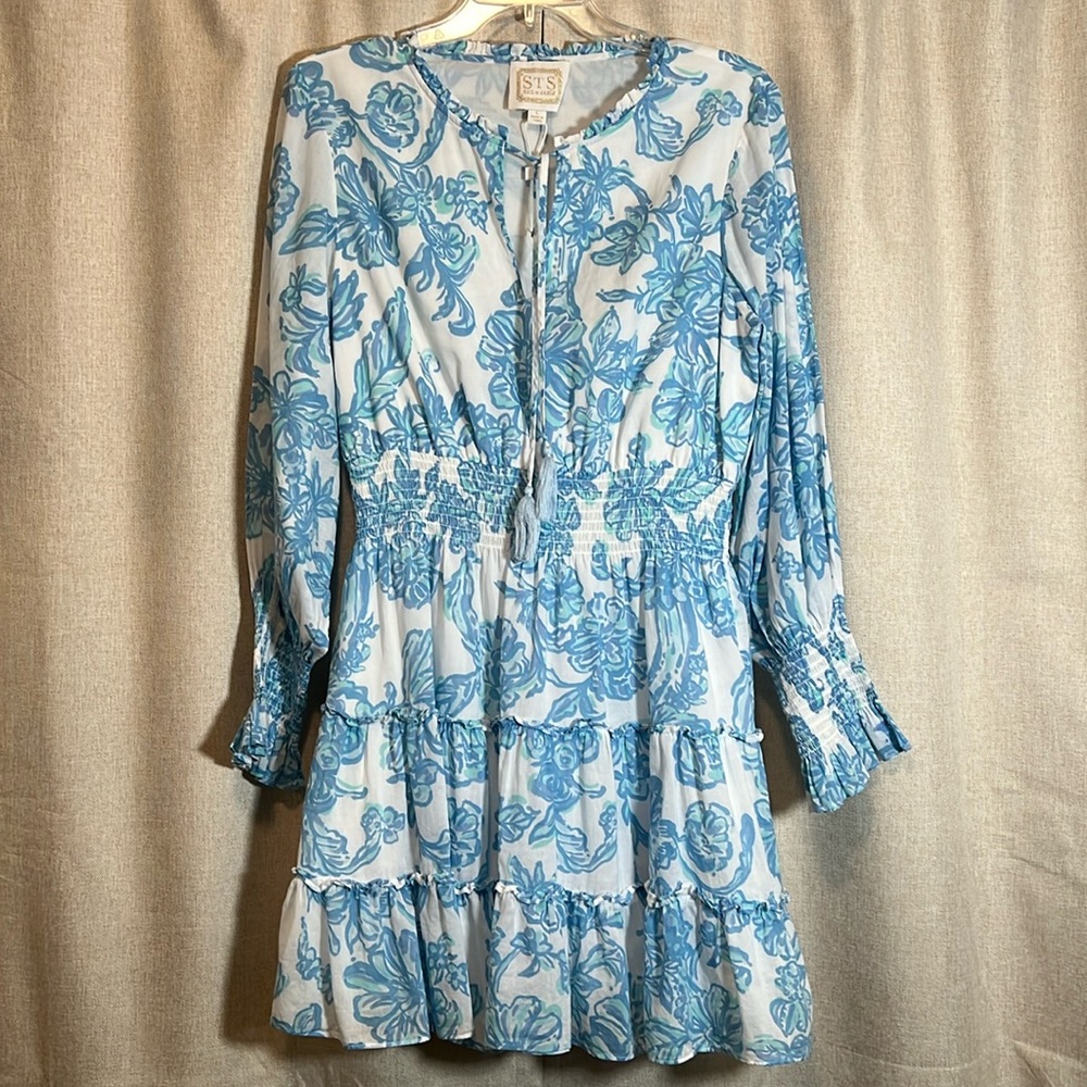 Sail to Sable White Dress with Blue Floral Print